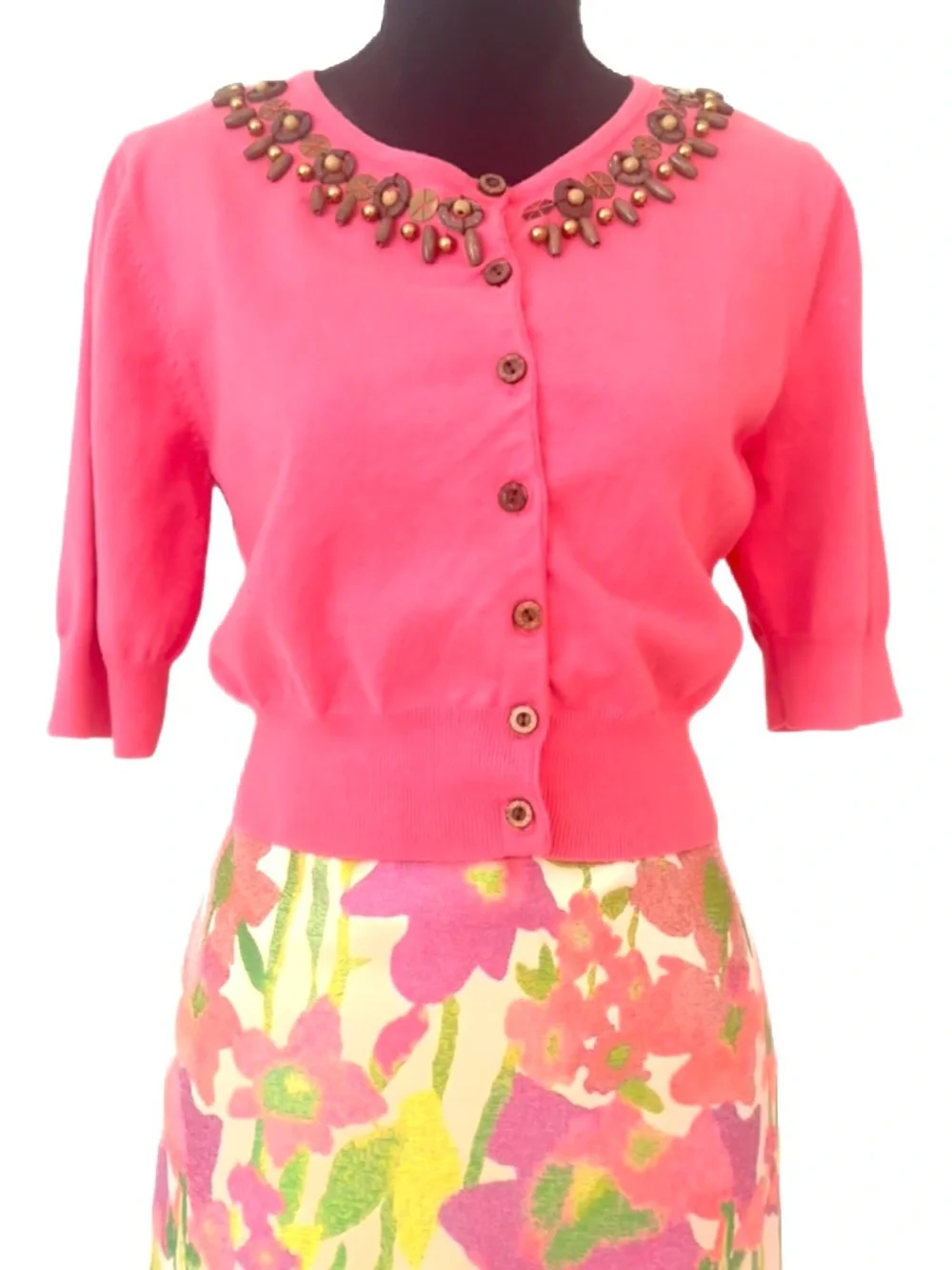 RUBY RD ~ Coral Pink 3/4 Sleeves Embellished Cropped Cardigan